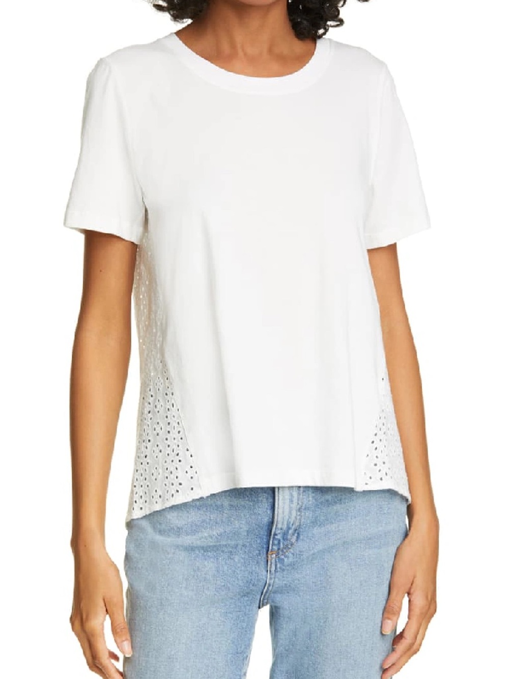 Veronica Beard White Eyelet-Panel Short Sleeve Tee